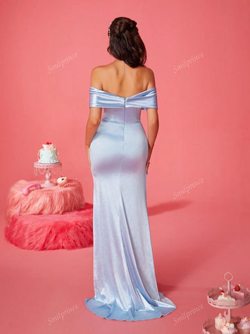 2024 New Minimalist Off Shoulder High Slit Blue Fitted Bridesmaid Dress