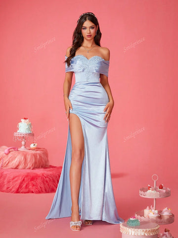 2024 New Minimalist Off Shoulder High Slit Blue Fitted Bridesmaid Dress