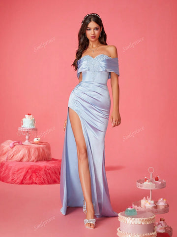 2024 New Minimalist Off Shoulder High Slit Blue Fitted Bridesmaid Dress