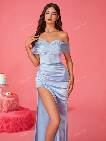 2024 New Minimalist Off Shoulder High Slit Blue Fitted Bridesmaid Dress