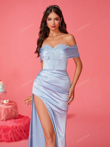2024 New Minimalist Off Shoulder High Slit Blue Fitted Bridesmaid Dress