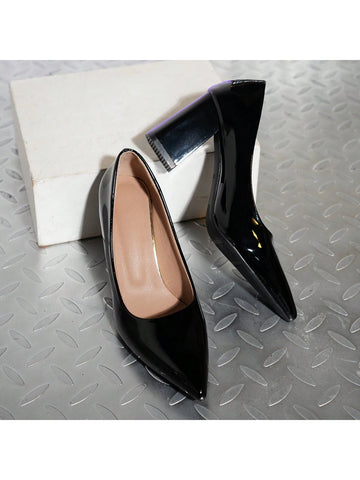 2024 New Pointed Toe Chunky Heel Women Patent Leather Slip-On Pumps,