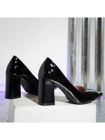 2024 New Pointed Toe Chunky Heel Women Patent Leather Slip-On Pumps,