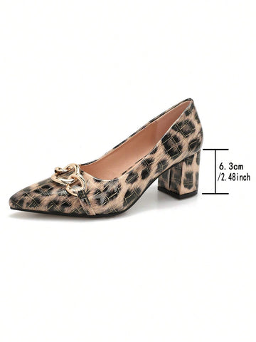 2024 New Pointed Toe Thick Heels Casual Shallow Mouth Leopard Print Patent Leather Pumps, Versatile