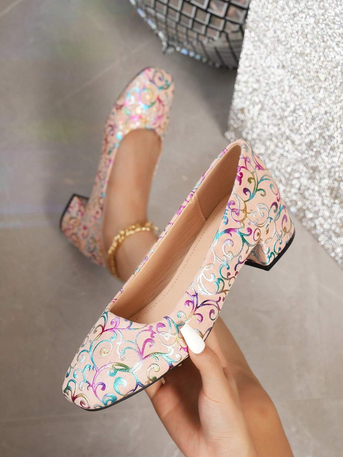 2024 New Printed Square Toe Chunky Heel Mid Heel Fashion Pumps