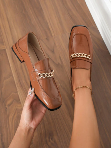 2024 New Spring/Autumn Fashion Buckle Decor Mid-Heel Loafers, Brown Enamel Leather Women Shoes