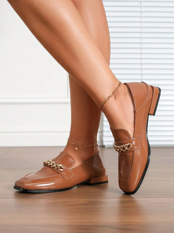 2024 New Spring/Autumn Fashion Buckle Decor Mid-Heel Loafers, Brown Enamel Leather Women Shoes