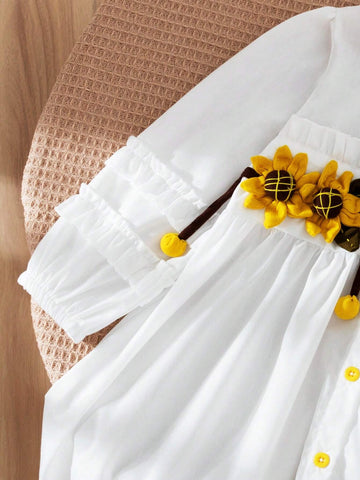 2024 New Spring/Summer Cute & Trendy Korean Style Girls' Irregular 3D Sunflower Shirt Dress