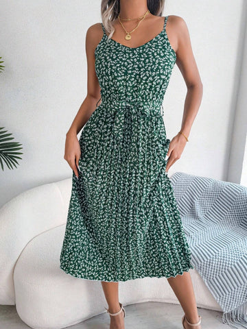 2024 New Spring/Summer European And American Style Floral Pleated Midi Dress, Sleeveless, Ins Style