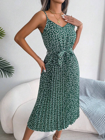 2024 New Spring/Summer European And American Style Floral Pleated Midi Dress, Sleeveless, Ins Style