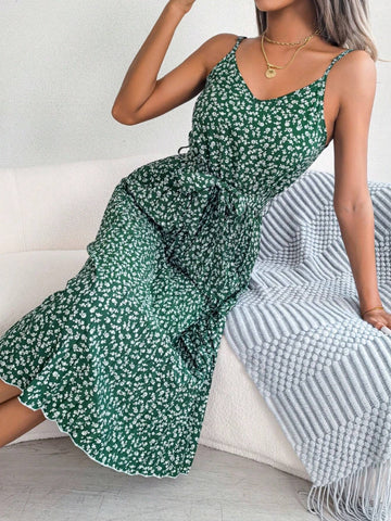 2024 New Spring/Summer European And American Style Floral Pleated Midi Dress, Sleeveless, Ins Style