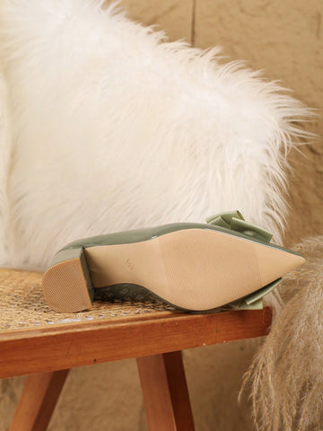 2024 New Style Women's Fashion Pointed Toe Thick Heel High Heels, Bow Military Green