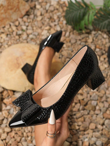 2024 New Stylish Splicing Sexy Pointed-Toe Pumps Women, Thick Heel Black Formal Work Shoes With Bow