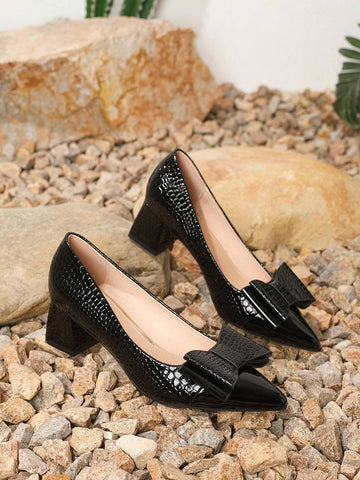 2024 New Stylish Splicing Sexy Pointed-Toe Pumps Women, Thick Heel Black Formal Work Shoes With Bow