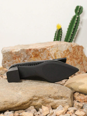 2024 New Stylish Splicing Sexy Pointed-Toe Pumps Women, Thick Heel Black Formal Work Shoes With Bow