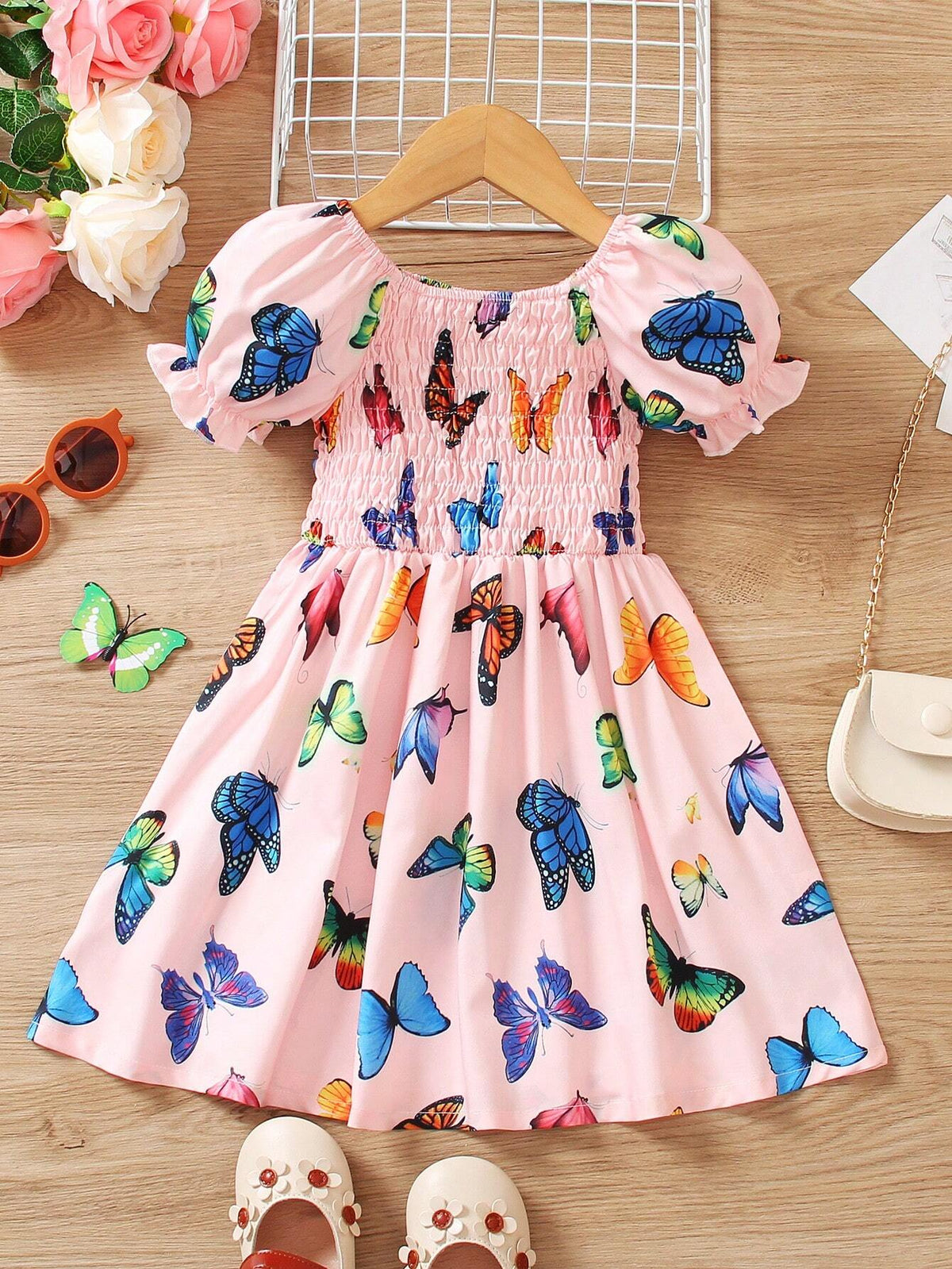 2024 New Summer Baby Girls' Butterfly Print Dress With Sweet And Elegant Style, Gathered Bubble Sleeves And Princess Skirt