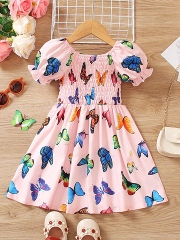 2024 New Summer Baby Girls' Butterfly Print Dress With Sweet And Elegant Style, Gathered Bubble Sleeves And Princess Skirt