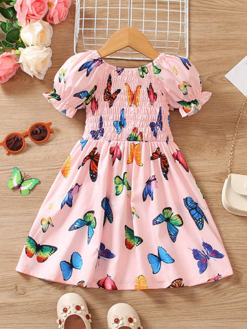 2024 New Summer Baby Girls' Butterfly Print Dress With Sweet And Elegant Style, Gathered Bubble Sleeves And Princess Skirt