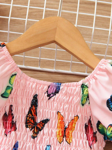 2024 New Summer Baby Girls' Butterfly Print Dress With Sweet And Elegant Style, Gathered Bubble Sleeves And Princess Skirt