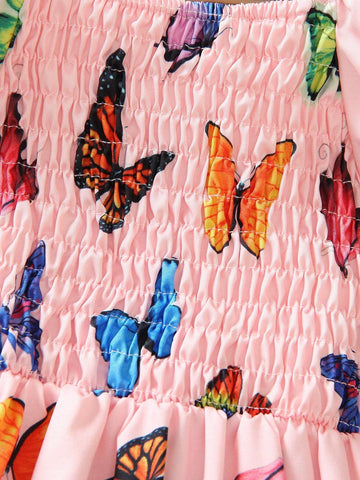 2024 New Summer Baby Girls' Butterfly Print Dress With Sweet And Elegant Style, Gathered Bubble Sleeves And Princess Skirt
