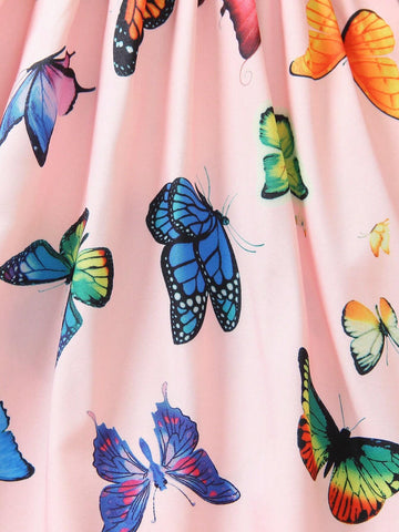 2024 New Summer Baby Girls' Butterfly Print Dress With Sweet And Elegant Style, Gathered Bubble Sleeves And Princess Skirt
