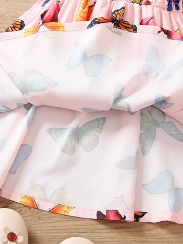 2024 New Summer Baby Girls' Butterfly Print Dress With Sweet And Elegant Style, Gathered Bubble Sleeves And Princess Skirt