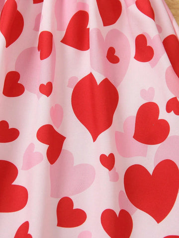 2024 New Summer Girls' Dresses Sweet And Elegant Round Neck Flying-Sleeve Heart Print Random Pattern Kids Dress