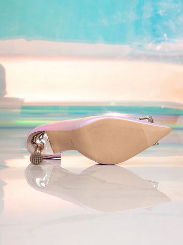 2024 New Summer Women Fashion Pointed Toe Side Hollow High Heel Shoes Fluorescent Pink Rhinestone Bowknot Thin Heeled