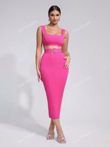 2024 New Summer Women Sexy Sleeveless Crop Top Bandage Belted Bodycon Skirt Fashion Party Cocktail Dress Suit