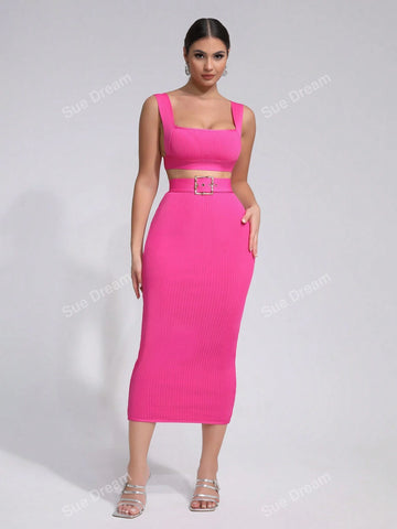 2024 New Summer Women Sexy Sleeveless Crop Top Bandage Belted Bodycon Skirt Fashion Party Cocktail Dress Suit