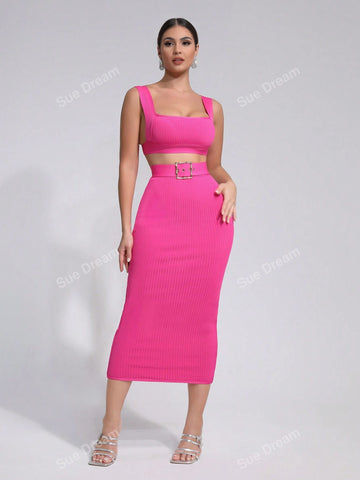 2024 New Summer Women Sexy Sleeveless Crop Top Bandage Belted Bodycon Skirt Fashion Party Cocktail Dress Suit