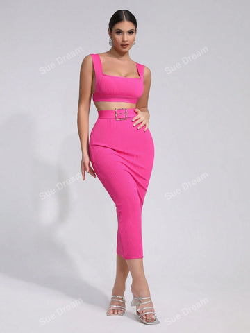 2024 New Summer Women Sexy Sleeveless Crop Top Bandage Belted Bodycon Skirt Fashion Party Cocktail Dress Suit