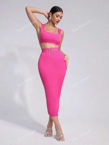 2024 New Summer Women Sexy Sleeveless Crop Top Bandage Belted Bodycon Skirt Fashion Party Cocktail Dress Suit