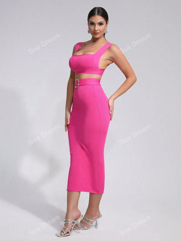 2024 New Summer Women Sexy Sleeveless Crop Top Bandage Belted Bodycon Skirt Fashion Party Cocktail Dress Suit