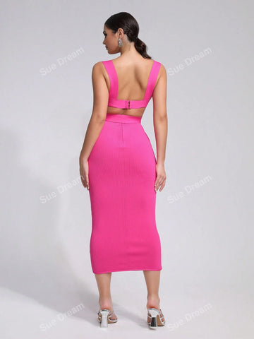 2024 New Summer Women Sexy Sleeveless Crop Top Bandage Belted Bodycon Skirt Fashion Party Cocktail Dress Suit