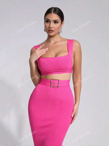 2024 New Summer Women Sexy Sleeveless Crop Top Bandage Belted Bodycon Skirt Fashion Party Cocktail Dress Suit