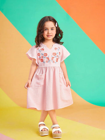 2024 New Trendy Girls" Summer Dress With Notched Collar And Embroidery Decoration