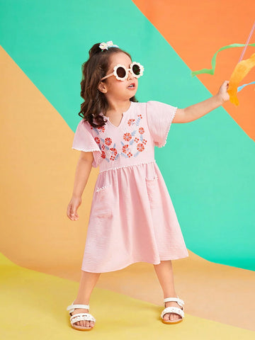 2024 New Trendy Girls" Summer Dress With Notched Collar And Embroidery Decoration