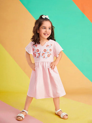 2024 New Trendy Girls" Summer Dress With Notched Collar And Embroidery Decoration