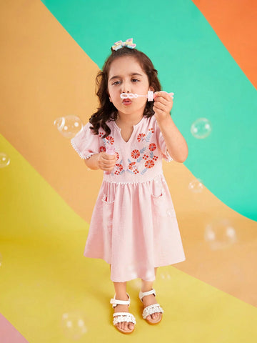 2024 New Trendy Girls" Summer Dress With Notched Collar And Embroidery Decoration