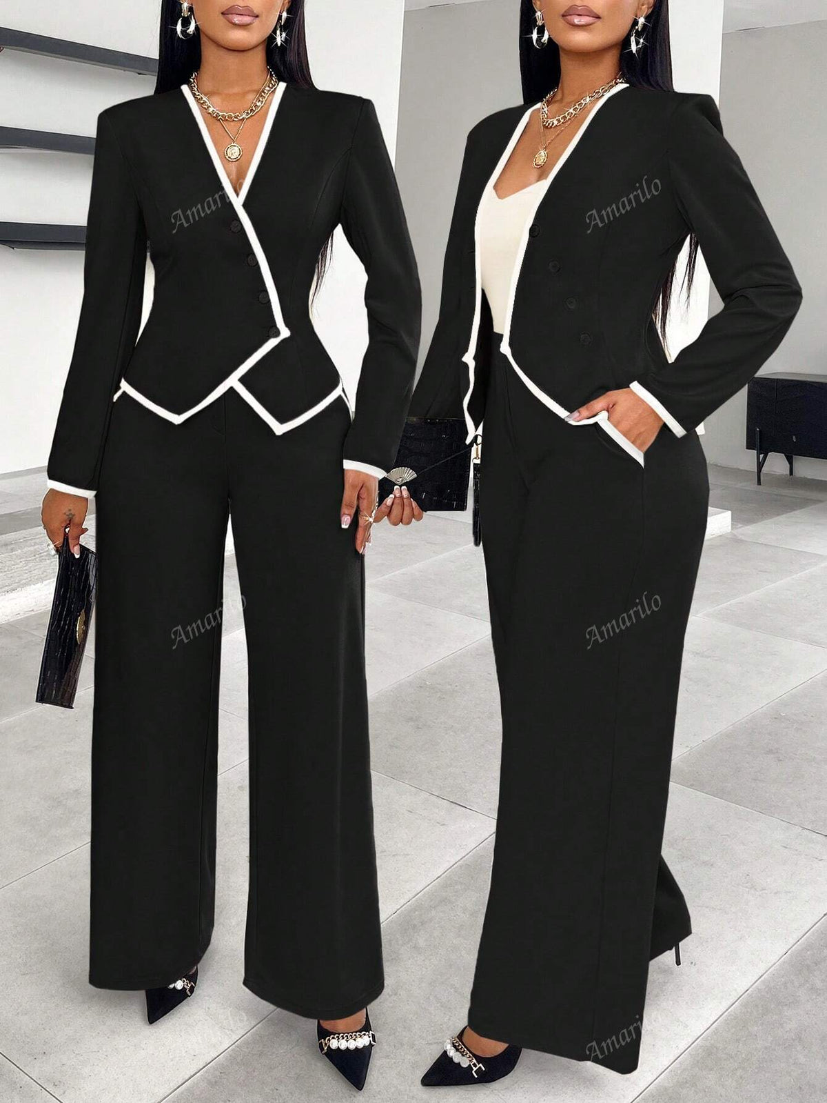 2024 New Women's Fall/Winter Asymmetrical Hem Single-Breasted Contrast Trim Suit And Pants Set, Suitable With Slip Pocket Details For Work And Commute