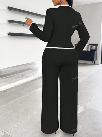 2024 New Women's Fall/Winter Asymmetrical Hem Single-Breasted Contrast Trim Suit And Pants Set, Suitable With Slip Pocket Details For Work And Commute