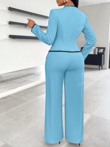 2024 New Women's Fall/Winter Asymmetrical Hem Single-Breasted Contrast Trim Suit And Pants Set, Suitable With Slip Pocket Details For Work And Commute