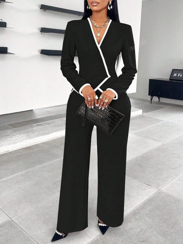 2024 New Women's Fall/Winter Asymmetrical Hem Single-Breasted Contrast Trim Suit And Pants Set, Suitable With Slip Pocket Details For Work And Commute