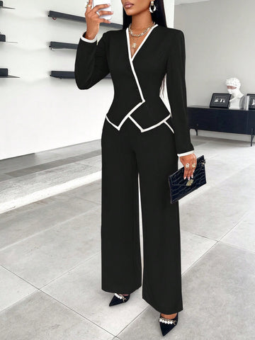 2024 New Women's Fall/Winter Asymmetrical Hem Single-Breasted Contrast Trim Suit And Pants Set, Suitable With Slip Pocket Details For Work And Commute