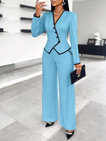 2024 New Women's Fall/Winter Asymmetrical Hem Single-Breasted Contrast Trim Suit And Pants Set, Suitable With Slip Pocket Details For Work And Commute