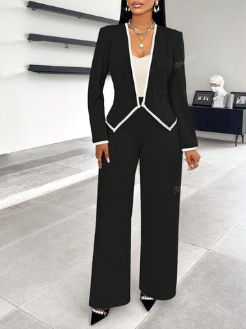 2024 New Women's Fall/Winter Asymmetrical Hem Single-Breasted Contrast Trim Suit And Pants Set, Suitable With Slip Pocket Details For Work And Commute