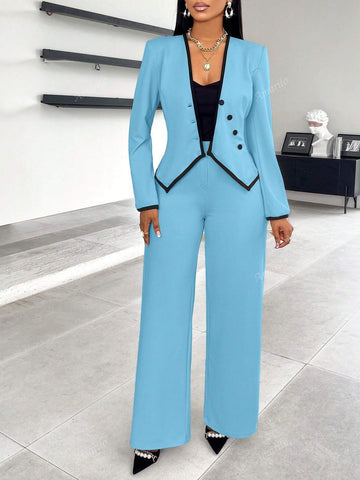 2024 New Women's Fall/Winter Asymmetrical Hem Single-Breasted Contrast Trim Suit And Pants Set, Suitable With Slip Pocket Details For Work And Commute