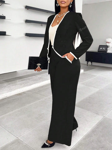 2024 New Women's Fall/Winter Asymmetrical Hem Single-Breasted Contrast Trim Suit And Pants Set, Suitable With Slip Pocket Details For Work And Commute