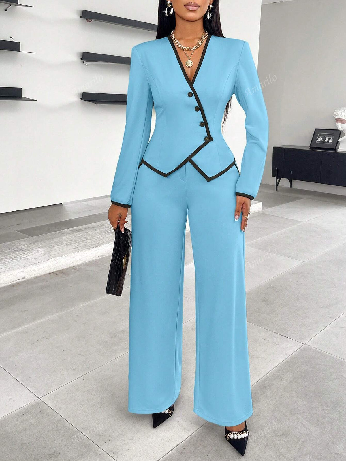 2024 New Women's Fall/Winter Asymmetrical Hem Single-Breasted Contrast Trim Suit And Pants Set, Suitable With Slip Pocket Details For Work And Commute
